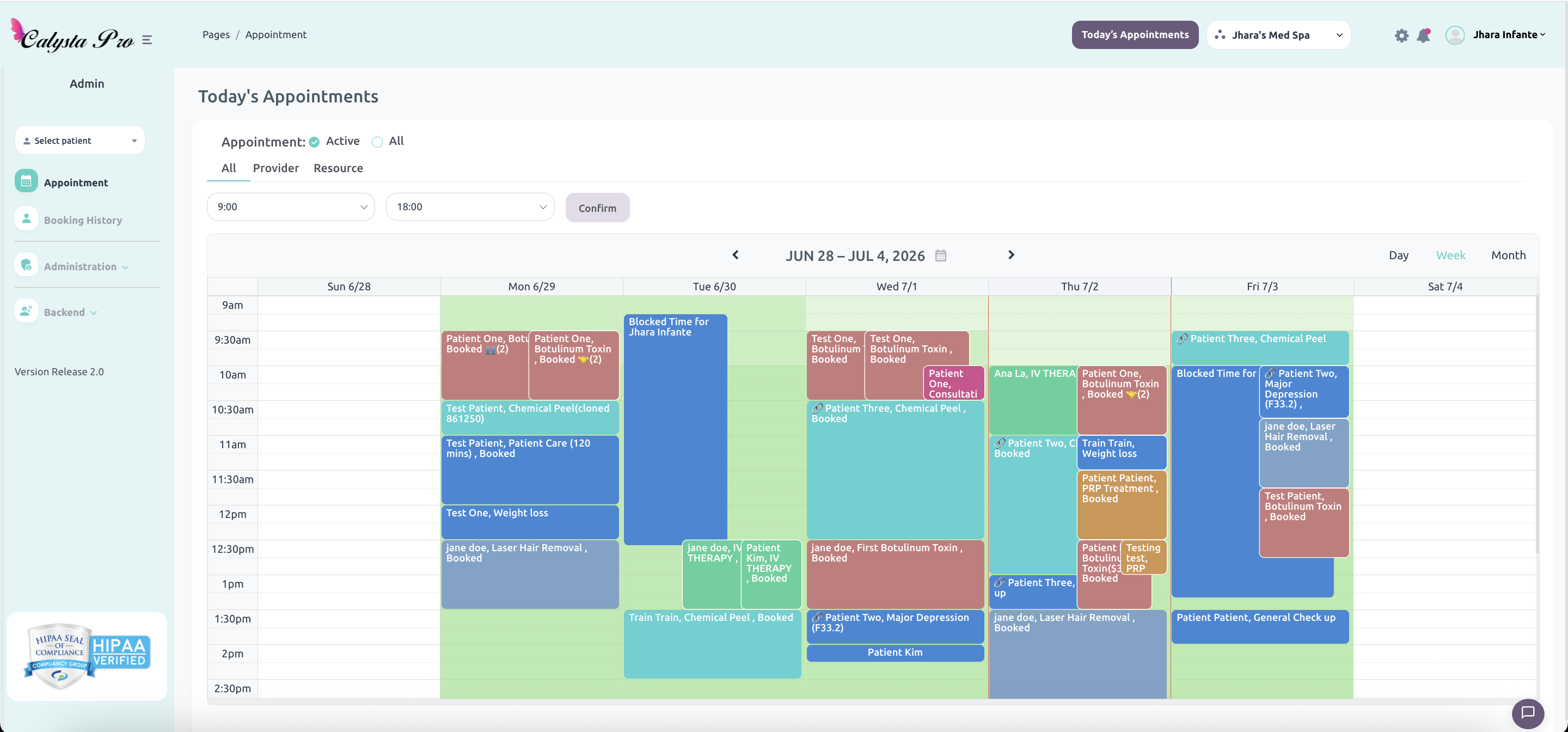 Calysta Pro EMR appointment calendar and provider scheduling view
