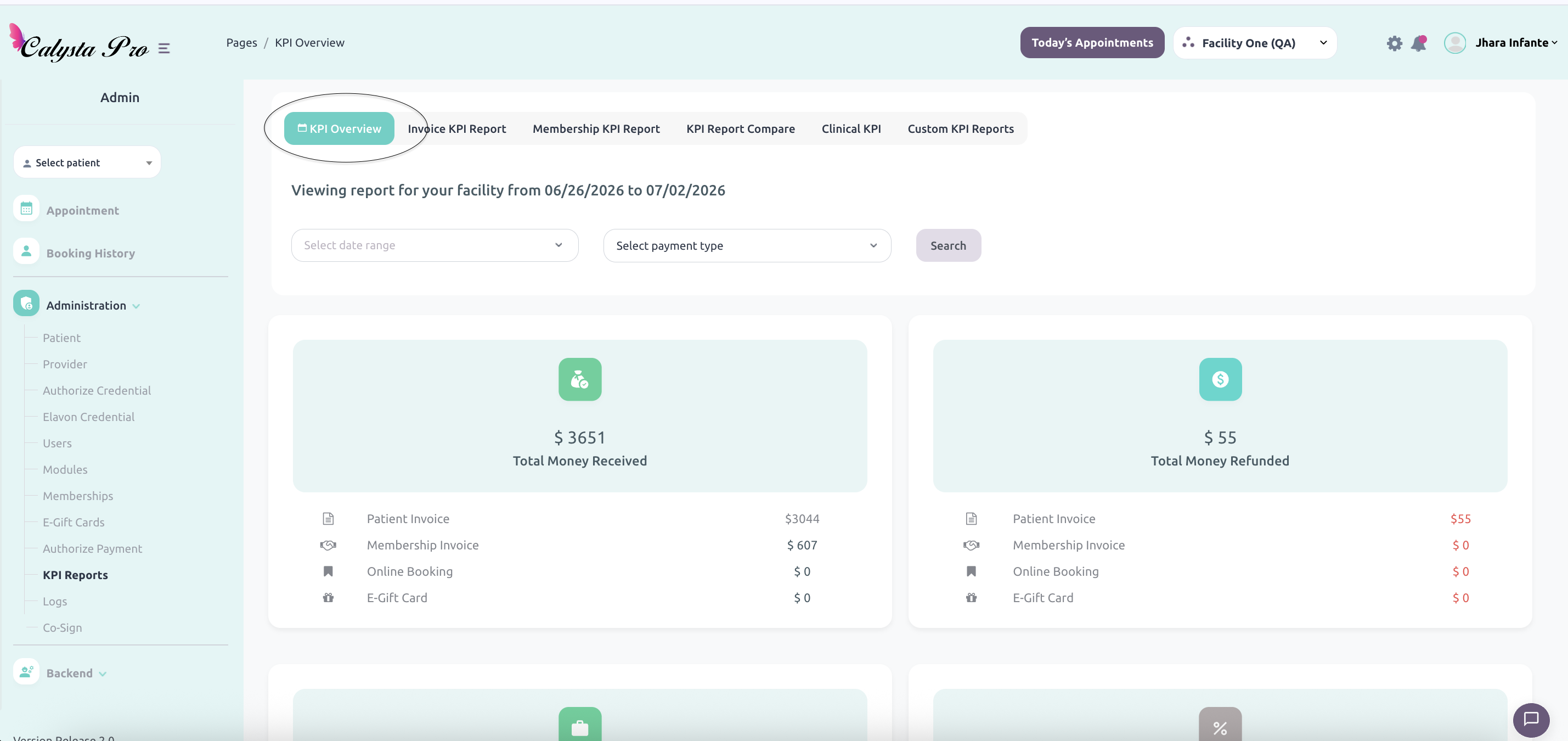 Calysta Pro EMR KPI overview dashboard