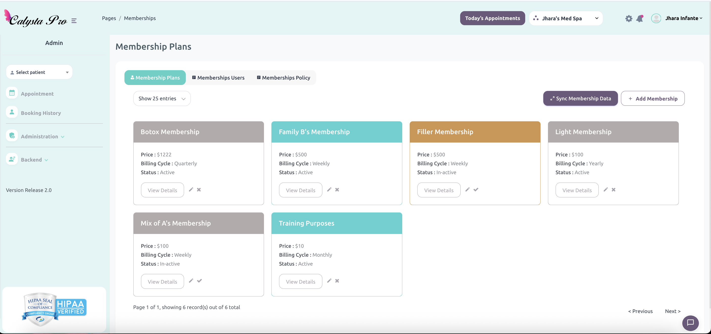 Calysta Pro EMR patient memberships