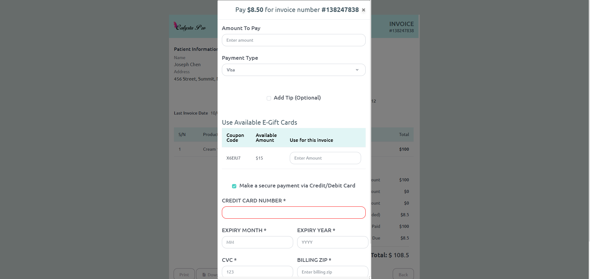 Calysta Pro EMR online invoicing