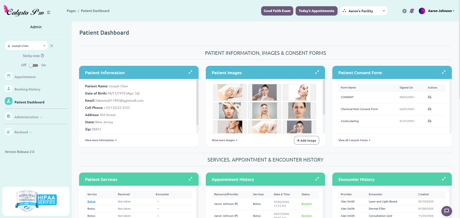 Calysta Pro EMR patient-specific dashboard
