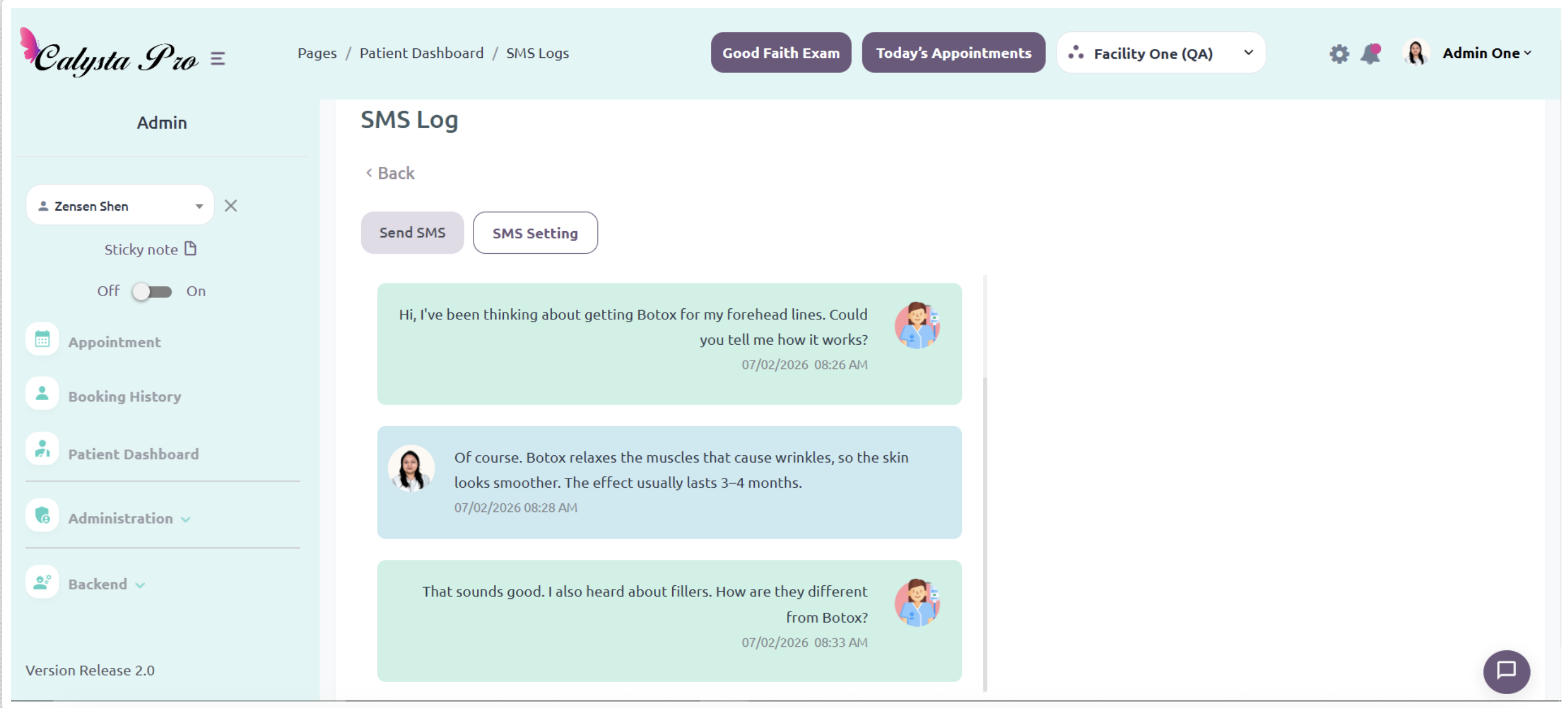 Calysta Pro EMR two-way SMS messaging