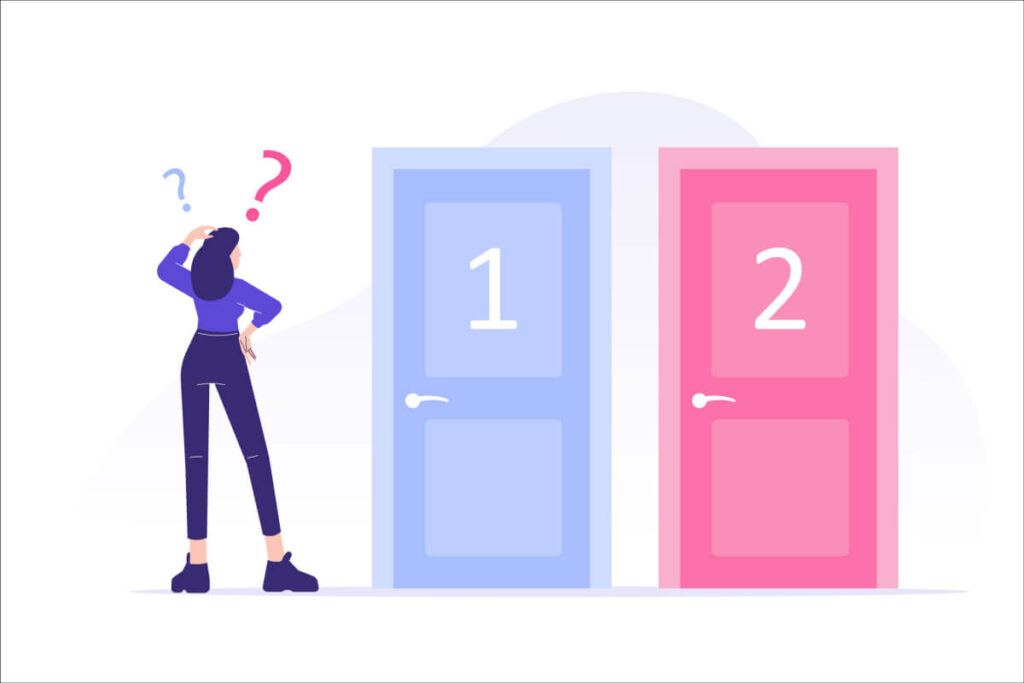 Confused woman standing in front of pink and purple doors with numbers one and two