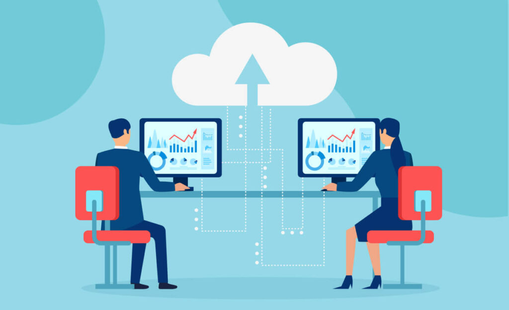 An illustration of a two people sitting at a computer. A cloud with an arrow inside connected to computers.